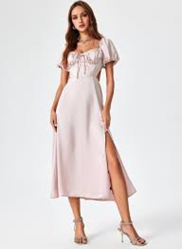 Nwt Cider Pink Satin Knotted Puff Sleeve Split Midi Dress Sz Xl